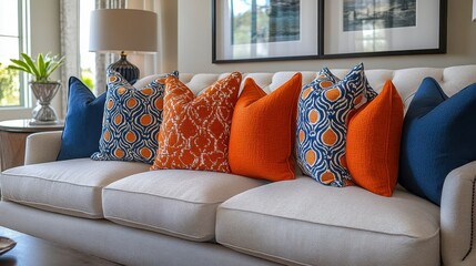 Cushioned sofa with colorful pillows and framed art pieces in a bright living room setting