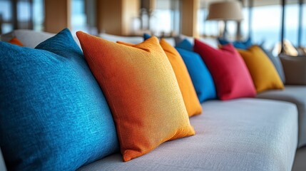Colorful pillows line a sofa, ocean view visible beyond interior space