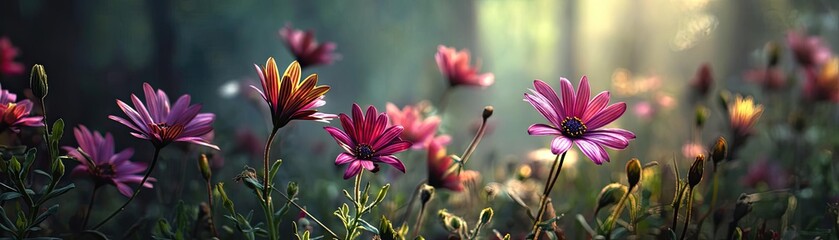 Blooming flowers in meadow with dreamy landscapes and gardens concept. A vibrant display of blooming flowers in a sunlit forest setting.