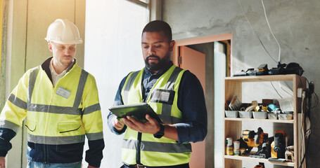 Men, tablet and teamwork for inspection or construction, industrial planning and building renovation of development. Engineer, collaboration and project management with maintenance for infrastructure