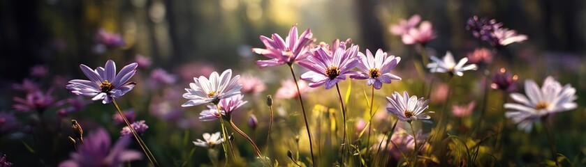 Fototapeta premium Blooming flowers in meadow with dreamy landscapes and gardens concept. A vibrant collection of wildflowers blooming in a sunlit forest.