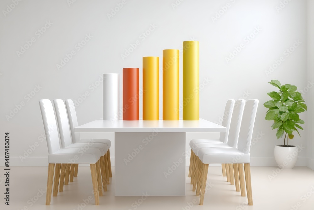 Poster sleek modern office space featuring floating colorful data visualization charts and a minimalist des