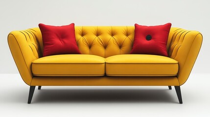 Stylish yellow couch with buttoned details, two red pillows, sits against a white backdrop