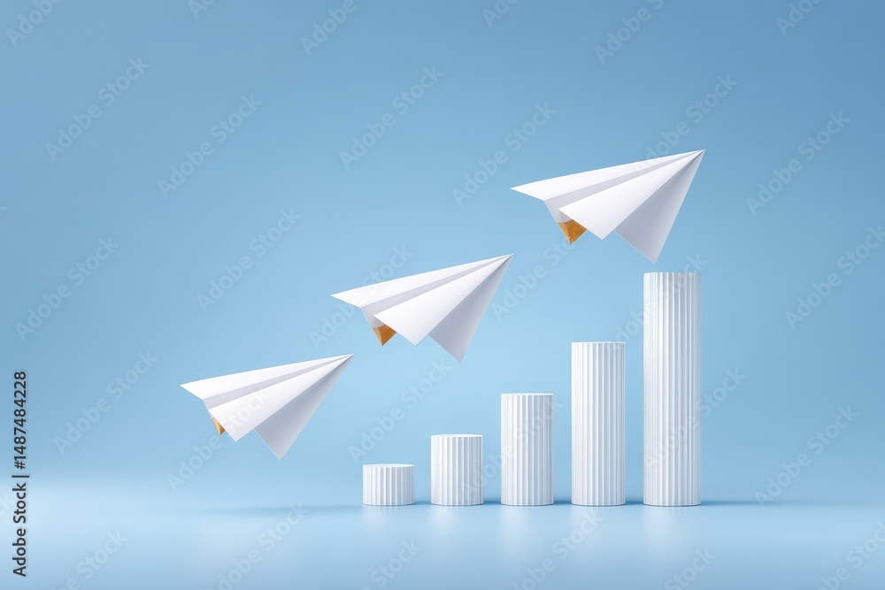 Poster paper airplanes with data visualization graphs flying steadily towards a strategic business target s