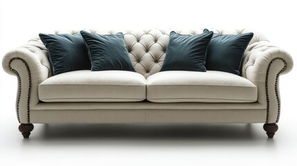 Elegant sofa with plush cushions against a white background for home furnishing