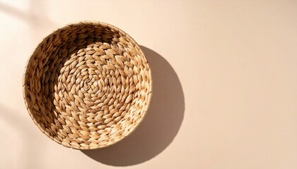 Crafting natural aesthetic handmade woven basket on neutral surface still life photography minimalist environment
