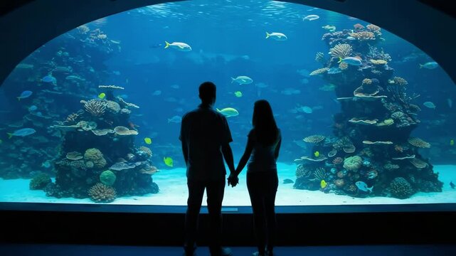 Romantic couple walking through aquarium with serene blue lighting