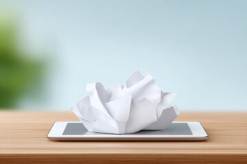 Crumpled financial or business reports laid on a wooden desk with a clean blank sheet of paper representing a new strategy or plan for the future