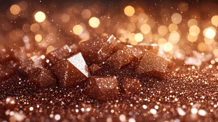 Sparkly brown crystals glimmer amongst glittering dust under a warm, bokeh-filled light