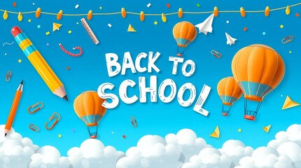 Back to School 3D Cartoon Poster with Sky Blue Background and Hot Air Balloons - AI Generator