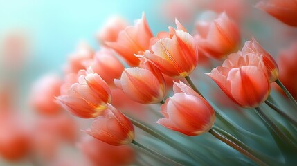 A soft cluster of tulips with orange petals against a blue-green backdrop