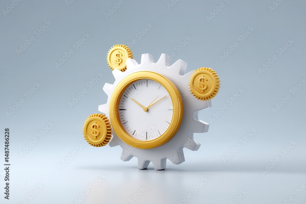 Poster a stylized abstract image depicting gears and icons representing money symbolizing the interconnecte