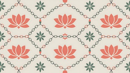 Seamless Pattern with Coral Lotus Flowers and Chain Links