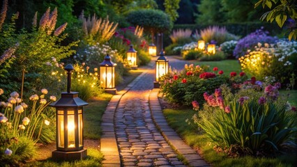 Obraz premium Garden path with modern lanterns illuminating the flowers at night, serene garden ambiance, beautiful garden lighting