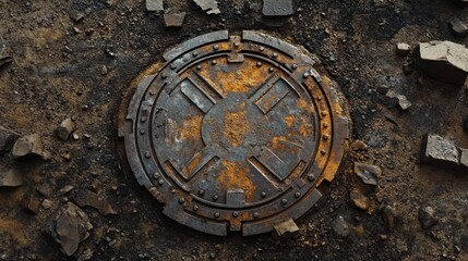 Overhead view of industrial-style manhole cover surrounded by road dust
