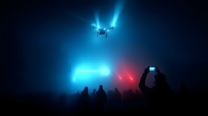 police patrolling a crowd of citizens under surveillance drones