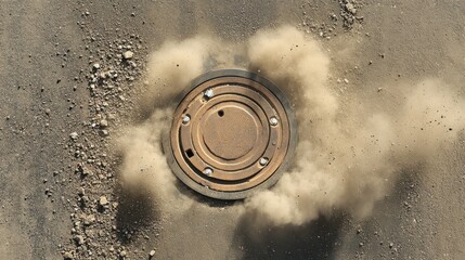 Obraz premium Overhead view of industrial-style manhole cover surrounded by road dust