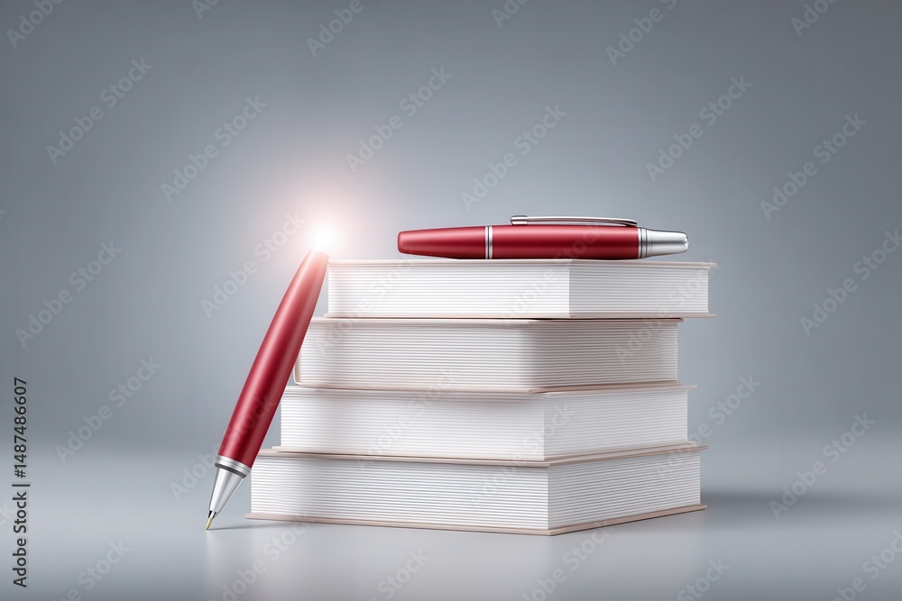 Poster a stack of white books with a vibrant red pen resting on top set against a neutral background symbol