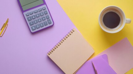 Budget flat lay with laptop notebook calculator smartphone coffee cup glasses and financial statement reports on blush pink to sky blue gradient pastel background