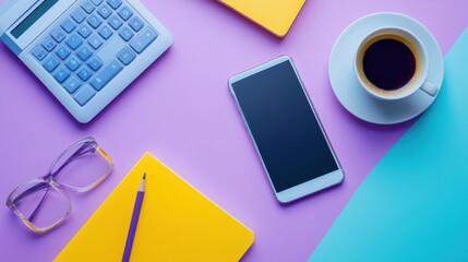 Budget flat lay with laptop notebook calculator smartphone coffee cup glasses and financial statement reports on blush pink to sky blue gradient pastel background