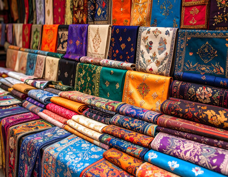 a collection of colorful fabric items with intricate patterns displayed in a marketplace setting