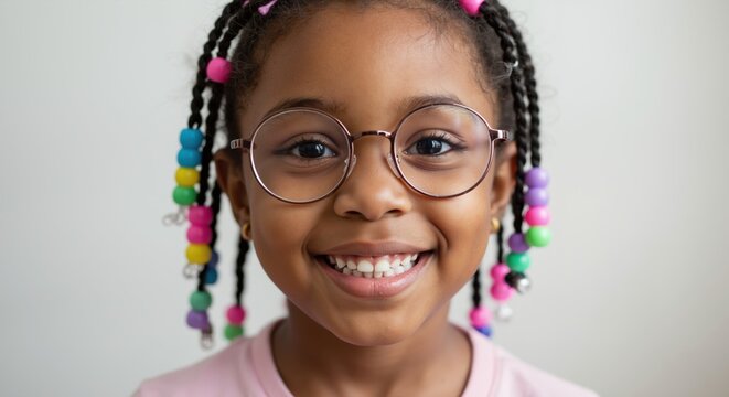 Young girl with glasses smiling brightly against neutral background  