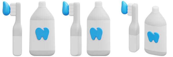 Set of White Toothbrush and Mouthwash Bottle 3D Render 3d Render Icon Illustration