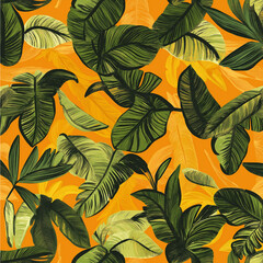 Obraz premium Tropical foliage pattern with detailed monstera leaves on vibrant orange background