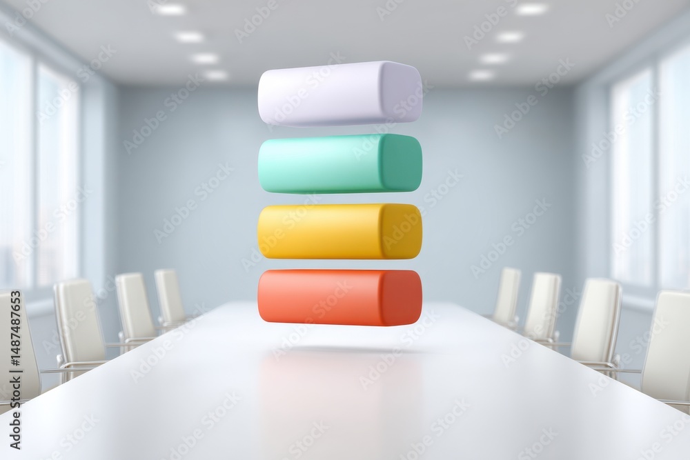 Poster a modern minimalist boardroom with a large white table and chairs featuring a stack of floating colo