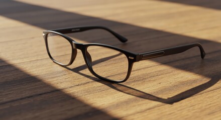 Eyeglasses resting on wooden table with shadows in natural light  