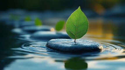 Leaf sails on stones across calm water