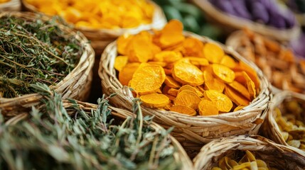 Fototapeta premium Vibrant medley of dried orange herb and vegetable chips in natural basket close up studio shot