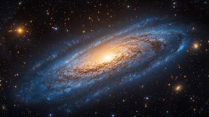 Spiral galaxy view with bright core, rings, and scattered stars in deep space