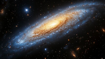 Beautiful spiral galaxy with golden core, bright stars, and swirling blue arms in the dark sky