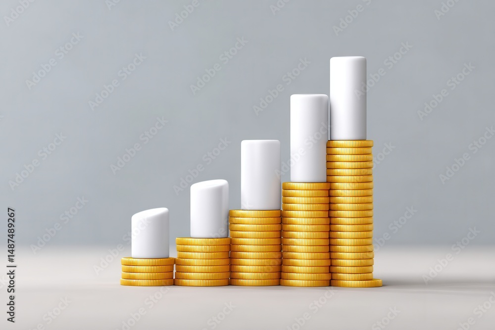 Poster a stack of golden coins arranged in the shape of an upward trending bar chart symbolizing financial 