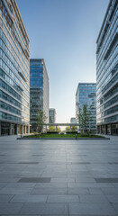 Modern Office Park: Sleek Architecture, Glass Buildings, & Open Plaza. Urban Landscape Photography, Cityscape Views, & Commercial Property Appeal