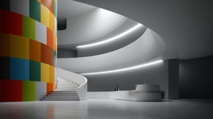 A modern interior design featuring colorful walls and sleek architecture.