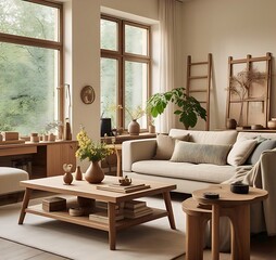 scandinavian inspired living area with neutral tones and 