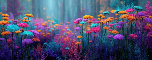 Fototapeta premium Blooming flowers in meadow with dreamy landscapes and gardens concept. Vibrant flowers in a mystical forest setting with vivid colors.