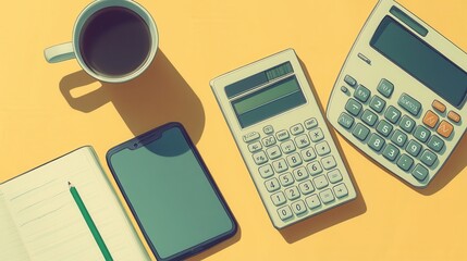 Budget flat lay with laptop notebook calculator smartphone coffee cup glasses and financial statement reports on blush pink to sky blue gradient pastel background