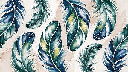 Elegant Teal and Green Watercolor Feathers on Beige Background