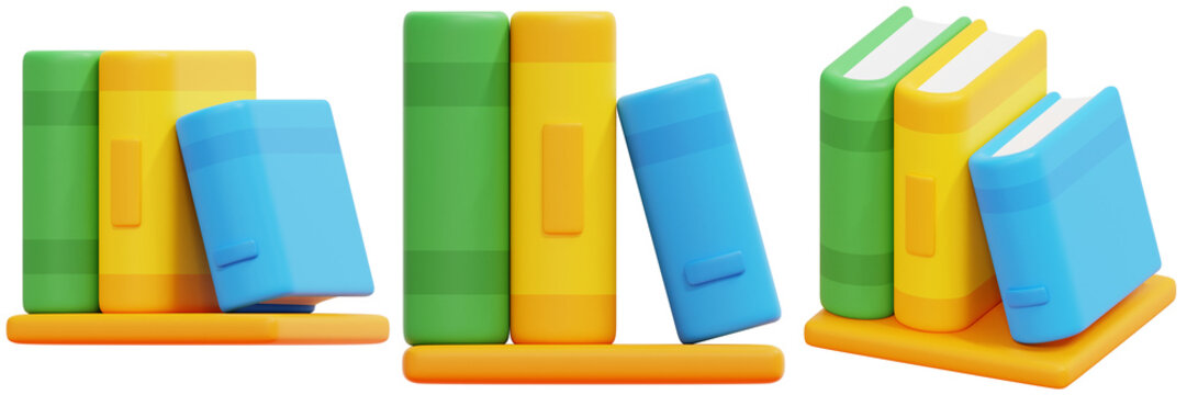 Set of Colorful 3D Rendered Books Stacked on Orange Base 3d Render Icon Illustration