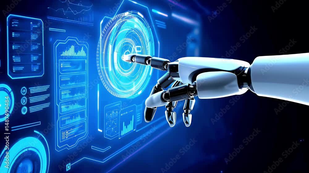 Poster robotic hand interacting with futuristic interface ai and technology