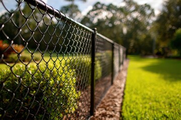 Fototapeta premium Black Chain Link Fence Perspective Photography: Backyard Security, Green Grass & Blurred Trees Background, Residential Property, Boundary Line