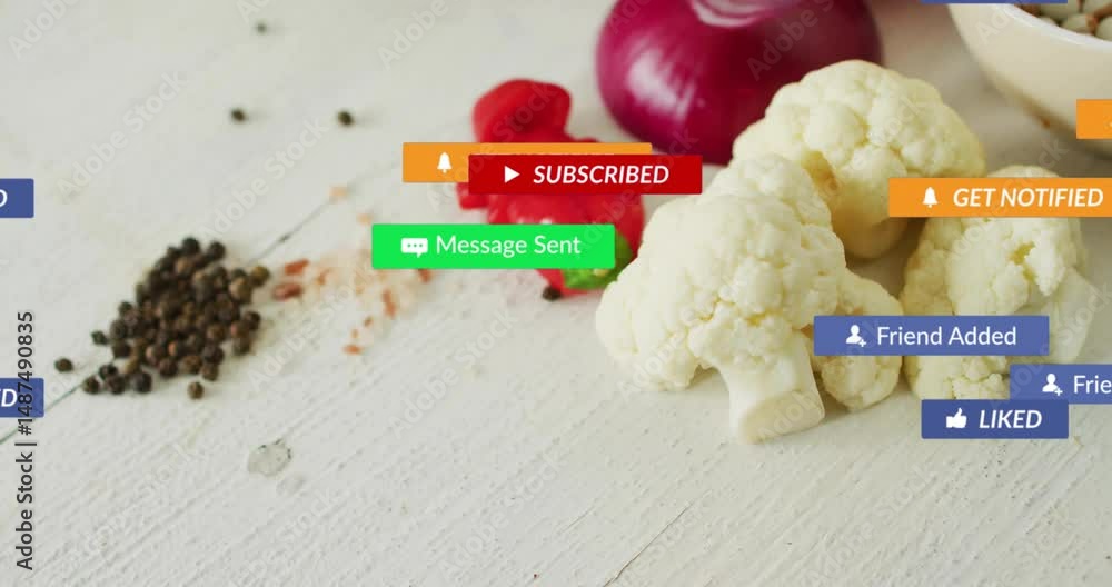 Poster Cauliflower florets clustering on white countertop showing peppercorns with animated notifications
