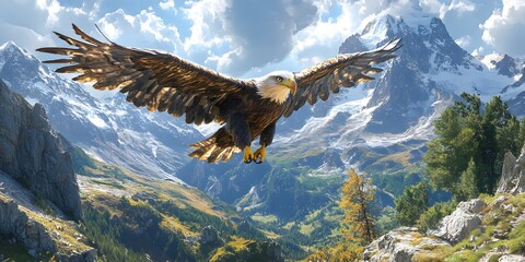 Fototapeta premium Majestic eagle soaring above alpine scenery.