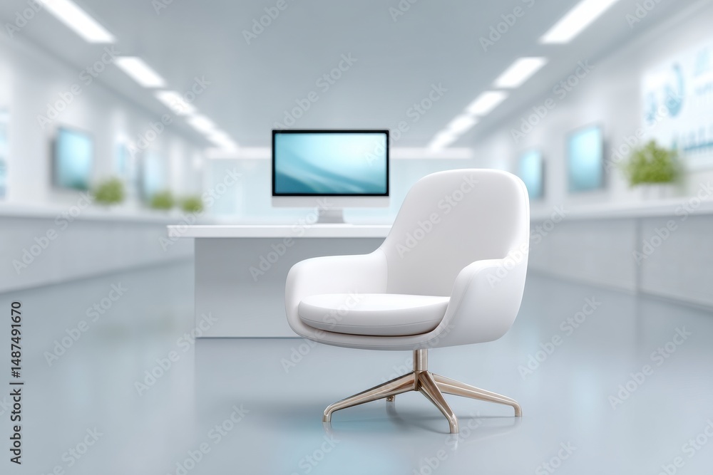 Poster a sleek and modern office space featuring a minimalist design advanced display screens and a comfort