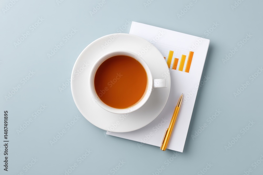 Poster a top down view of a minimalist desk setup featuring a cup of tea a financial graph report and a pen