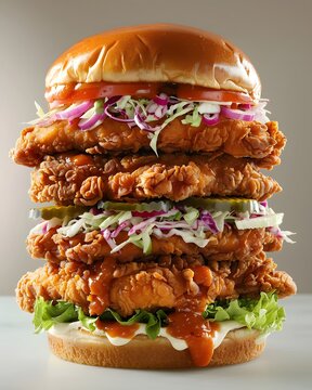 A towering, mouthwatering, crispy fried chicken sandwich, layered with juicy chicken, tangy pickles, crisp slaw, and a drizzle of creamy sauce on a fluffy bun.
