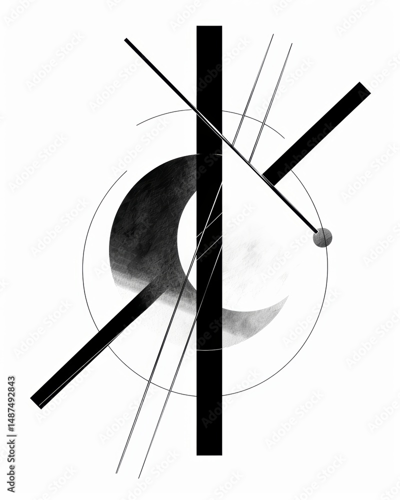 Poster abstract geometric composition with moon shape and lines